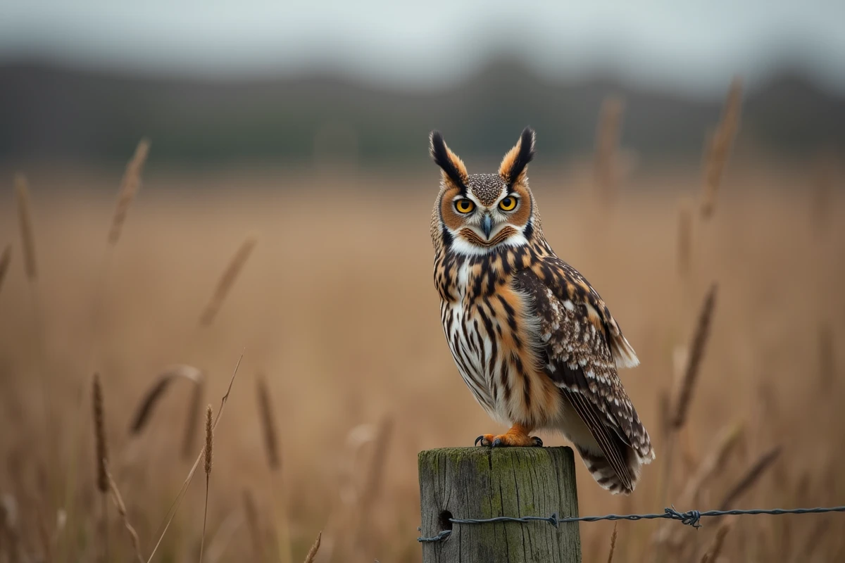 Hibou moyen-duc posé sur un piquet de clôture avec ses aigrettes dressées bien visibles en milieu rural