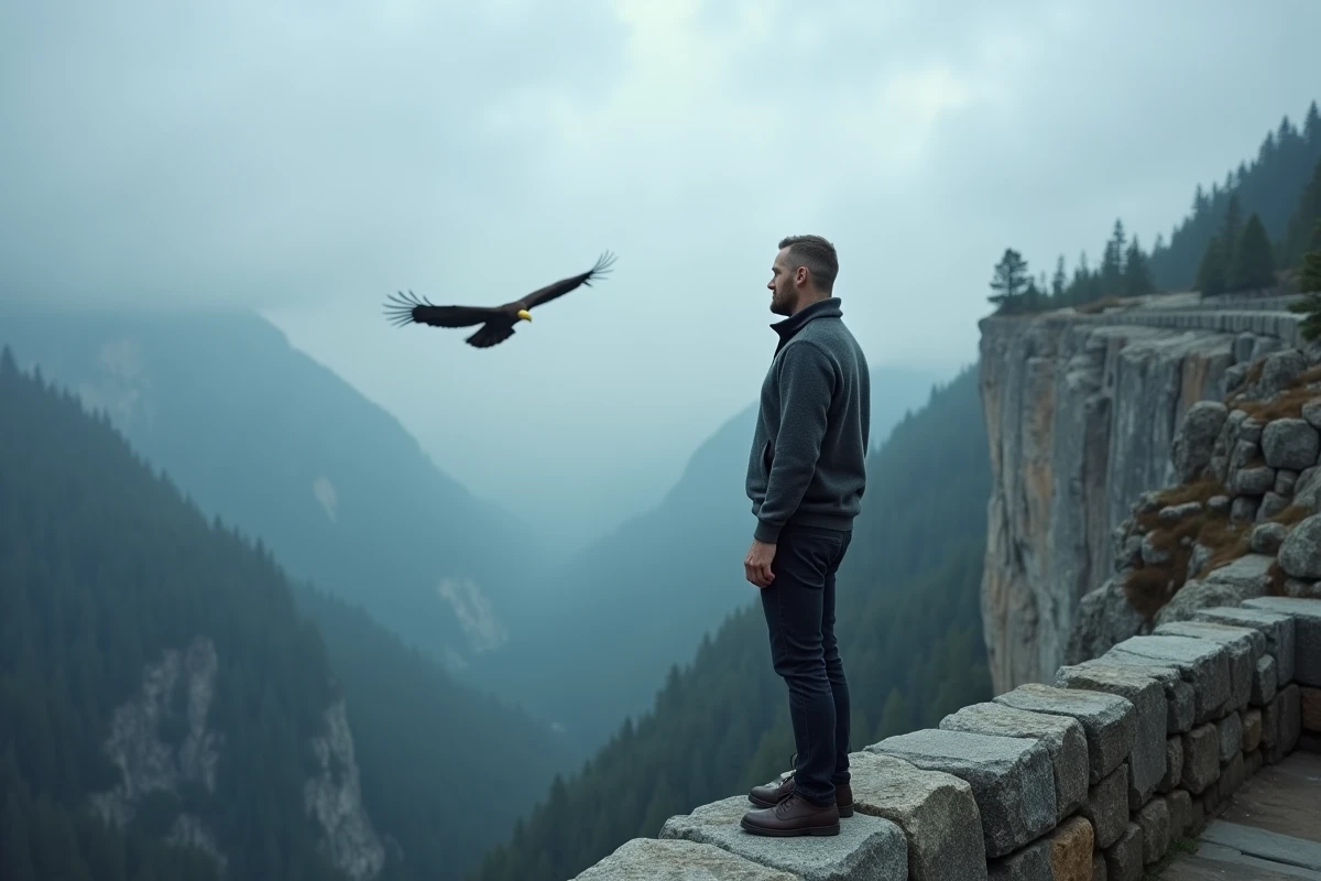 Homme face à un aigle en montagne brumeuse illustrant la symbolique des oiseaux pour les grandes décisions