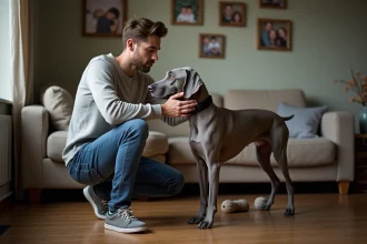Jeune homme inquiet avec un chien Weimaraner dans le salon