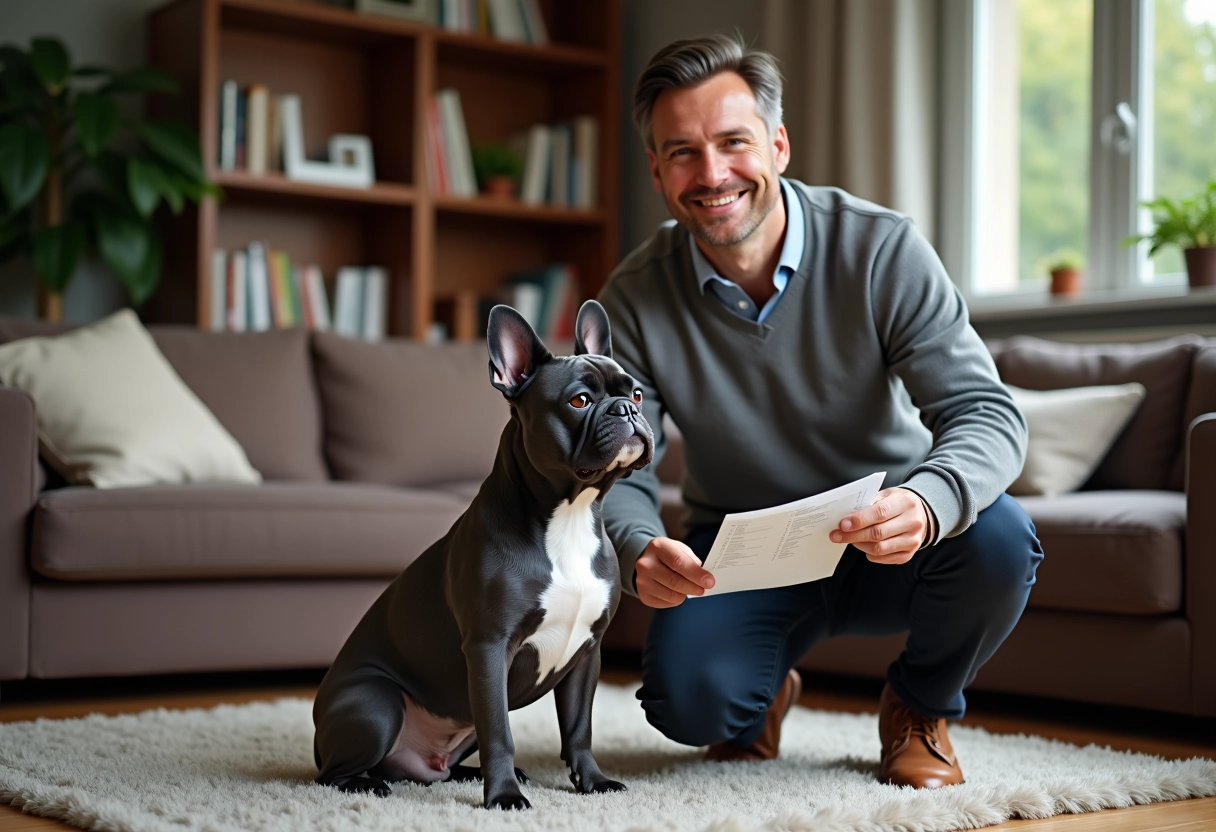 Homme souriant avec son bulldog français dans un salon