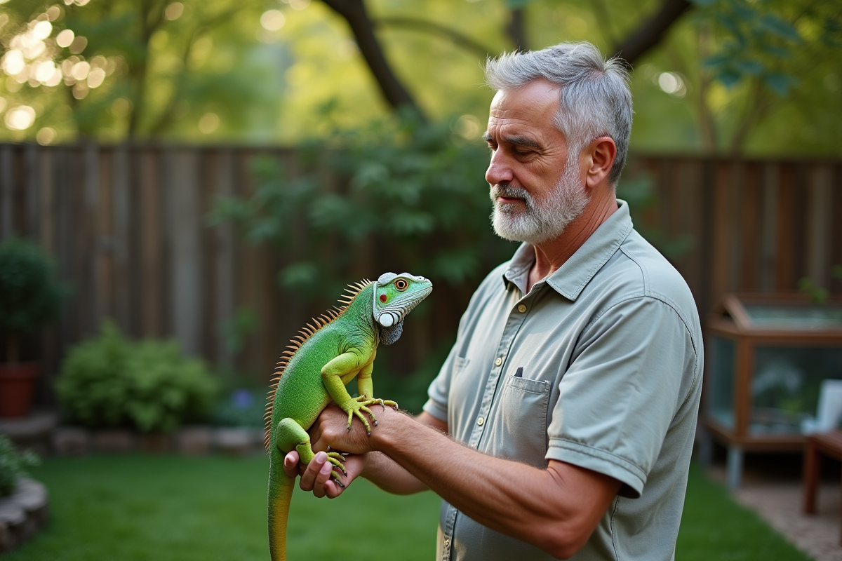 Homme examine un iguane vert dans son jardin