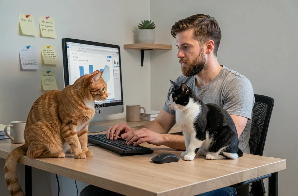 Homme barbu à son bureau avec deux chats regardant l'écran d'ordinateur, illustrant l'inscription sur un site communautaire pour passionnés de chats