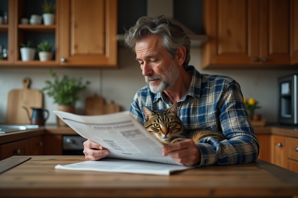 Homme adulte avec chat dans une cuisine chaleureuse