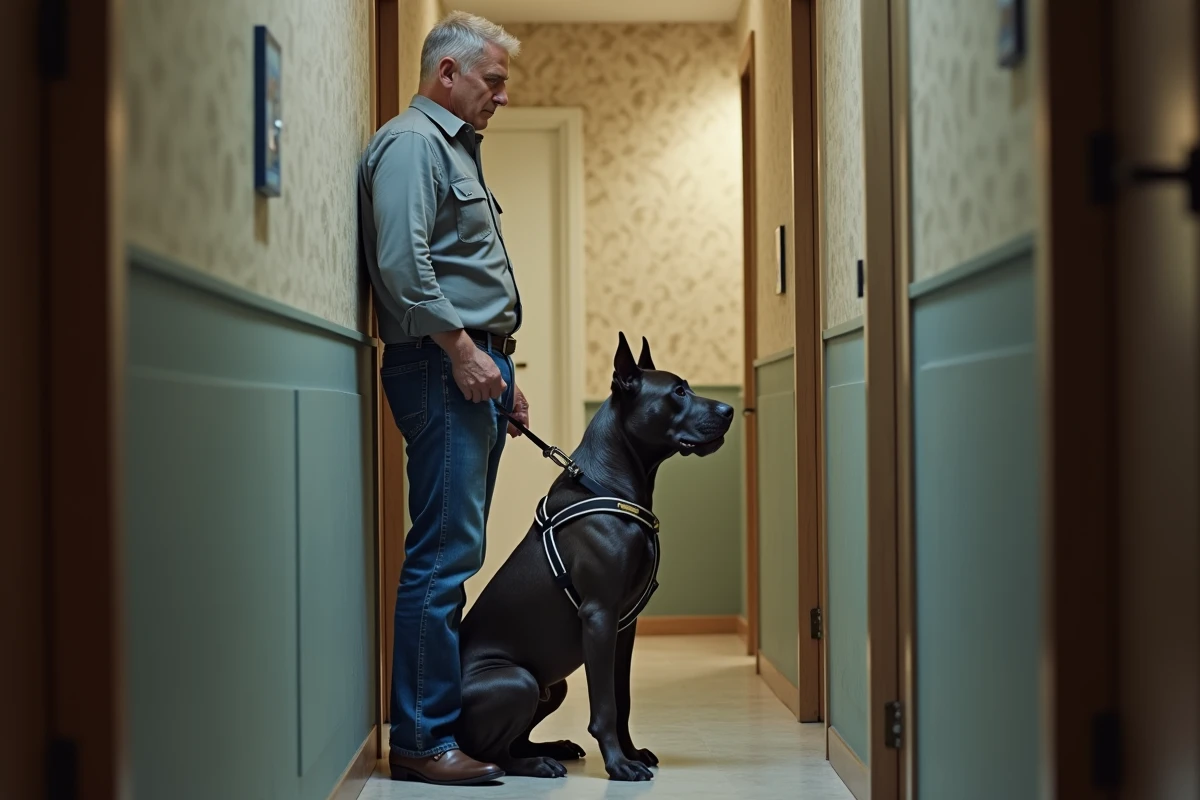 Homme avec chien Cane Corso dans le couloir d