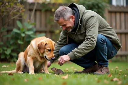 Homme et chien observant un musaraigne dans le jardin