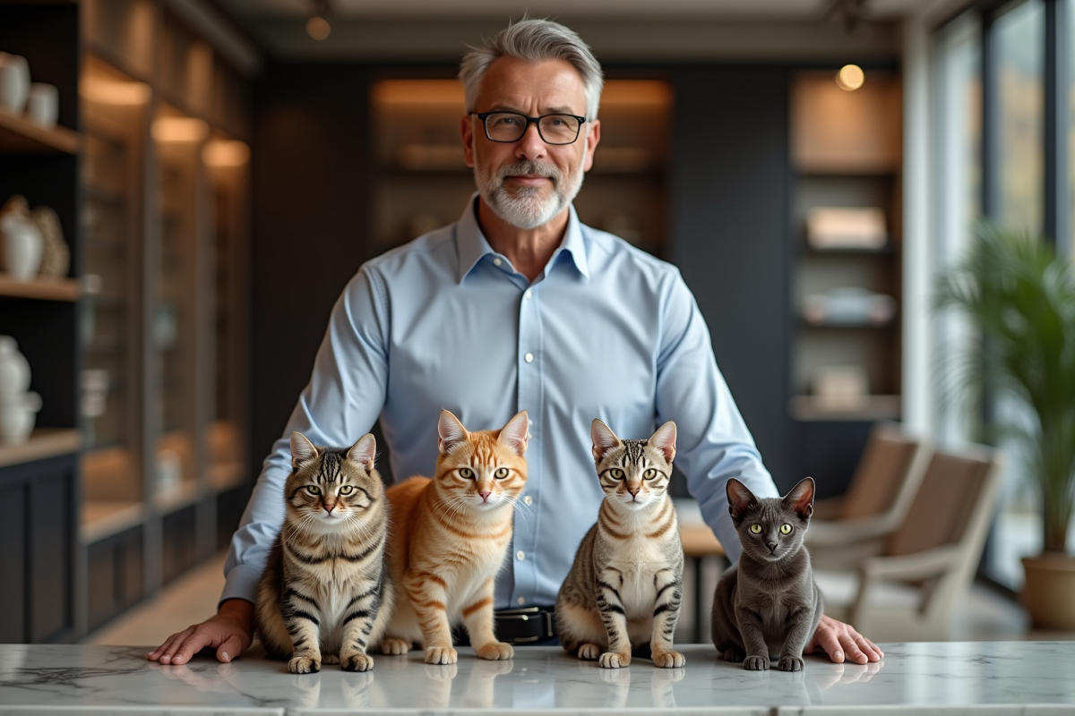 Homme avec trois chats dans une boutique de luxe
