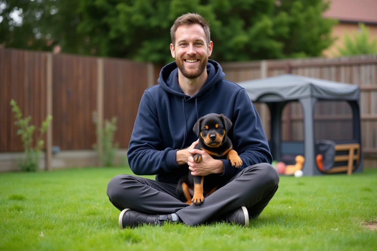 Homme tenant un chiot rottweiler dans ses bras dans un jardin avec un enclos préparé pour l'accueillir