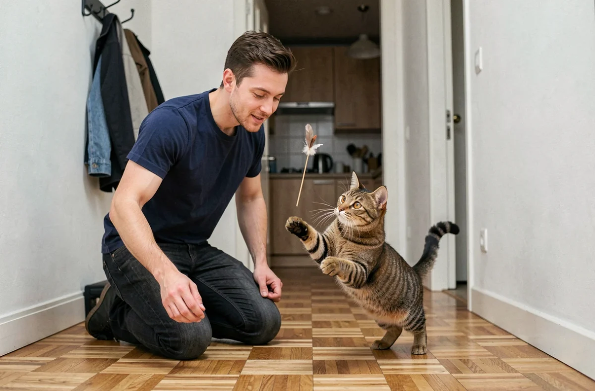 Homme débutant jouant avec un chat Scottish Straight tabby dans le couloir de son appartement moderne avec une canne à pêche à plumes