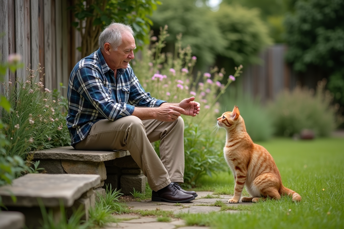 Homme âgé caressant un chat dans un jardin verdoyant