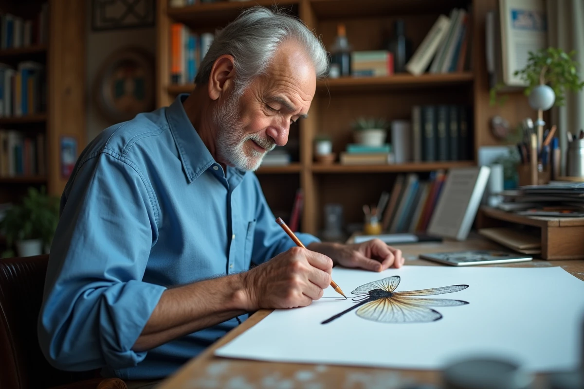 Homme âgé esquissant un profil de libellule dans son atelier