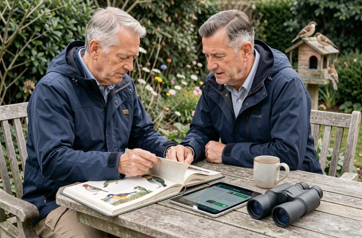 Homme comparant un guide ornithologique et une application tablette pour identifier les oiseaux dans son jardin