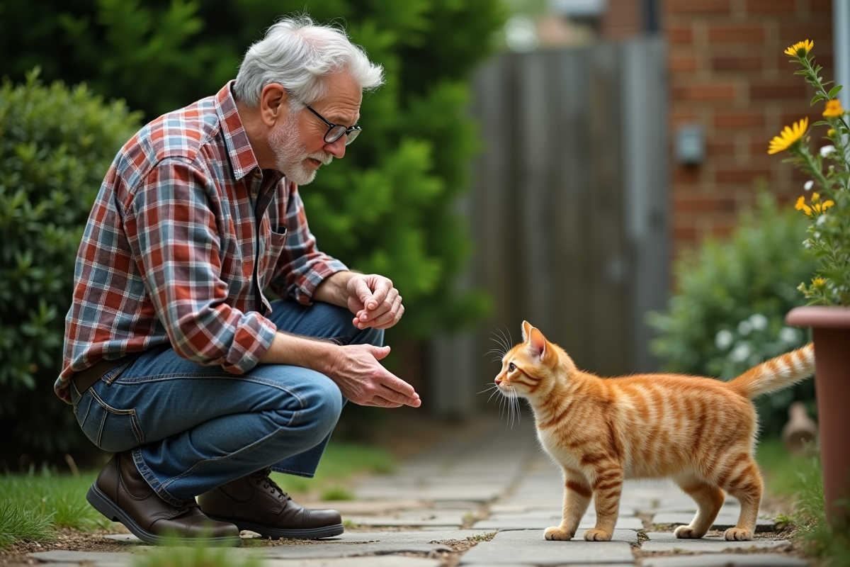 Homme âgé dans son jardin avec chat ginger