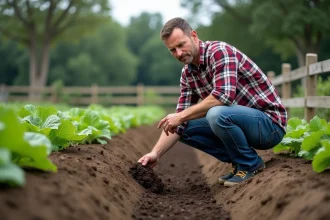 Homme d'âge moyen examine le sol d'un jardin rural