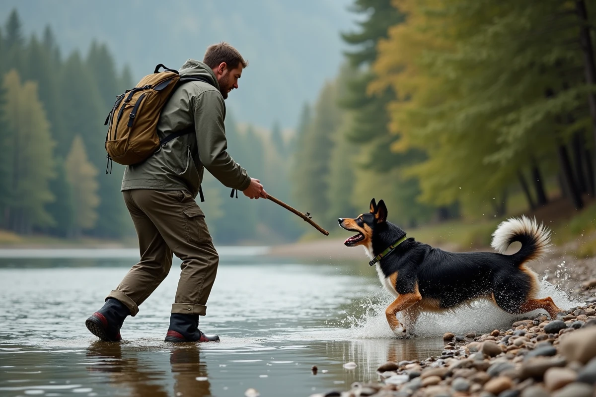 Homme lançant un bâton dans la rivière pour son chien