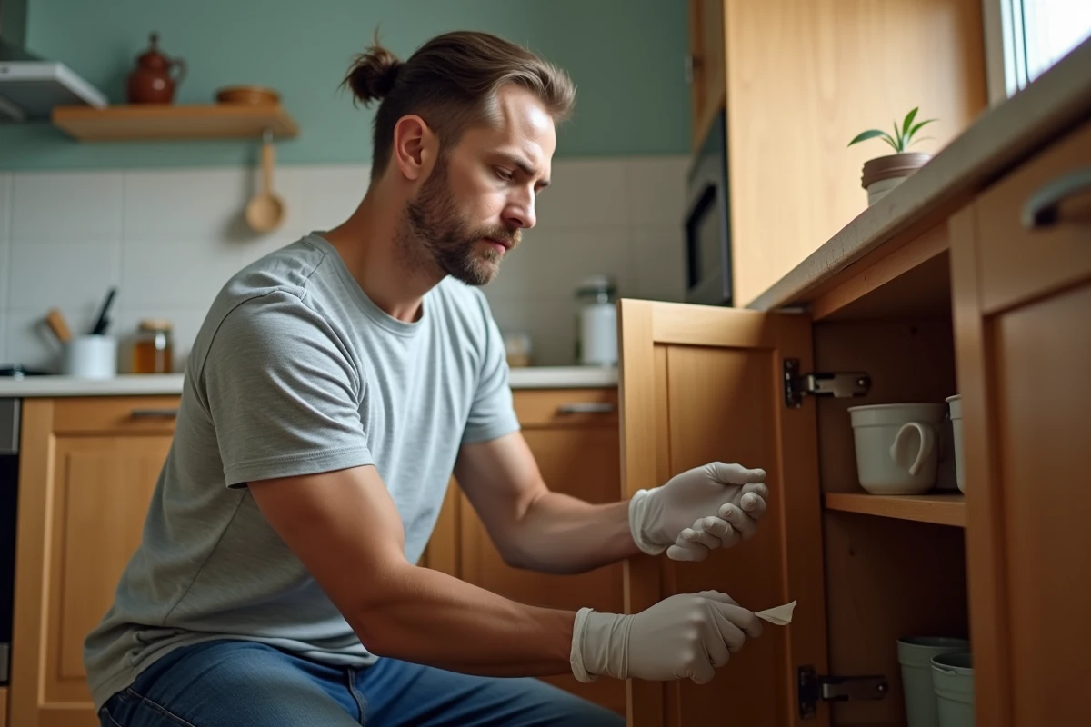 Jeune homme nettoyant une étagère de cuisine