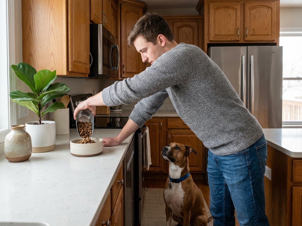 Homme donnant à manger à son chien dans une cuisine moderne chaleureuse