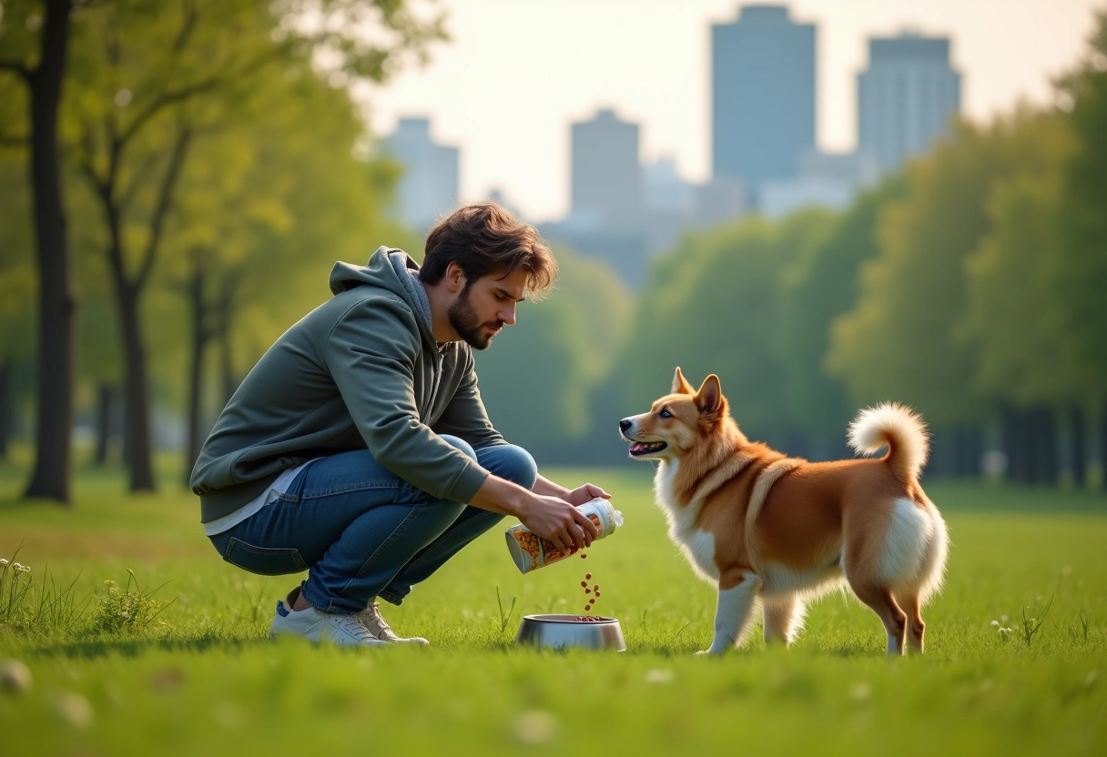 Homme donnant à manger à son chien dans un parc urbain