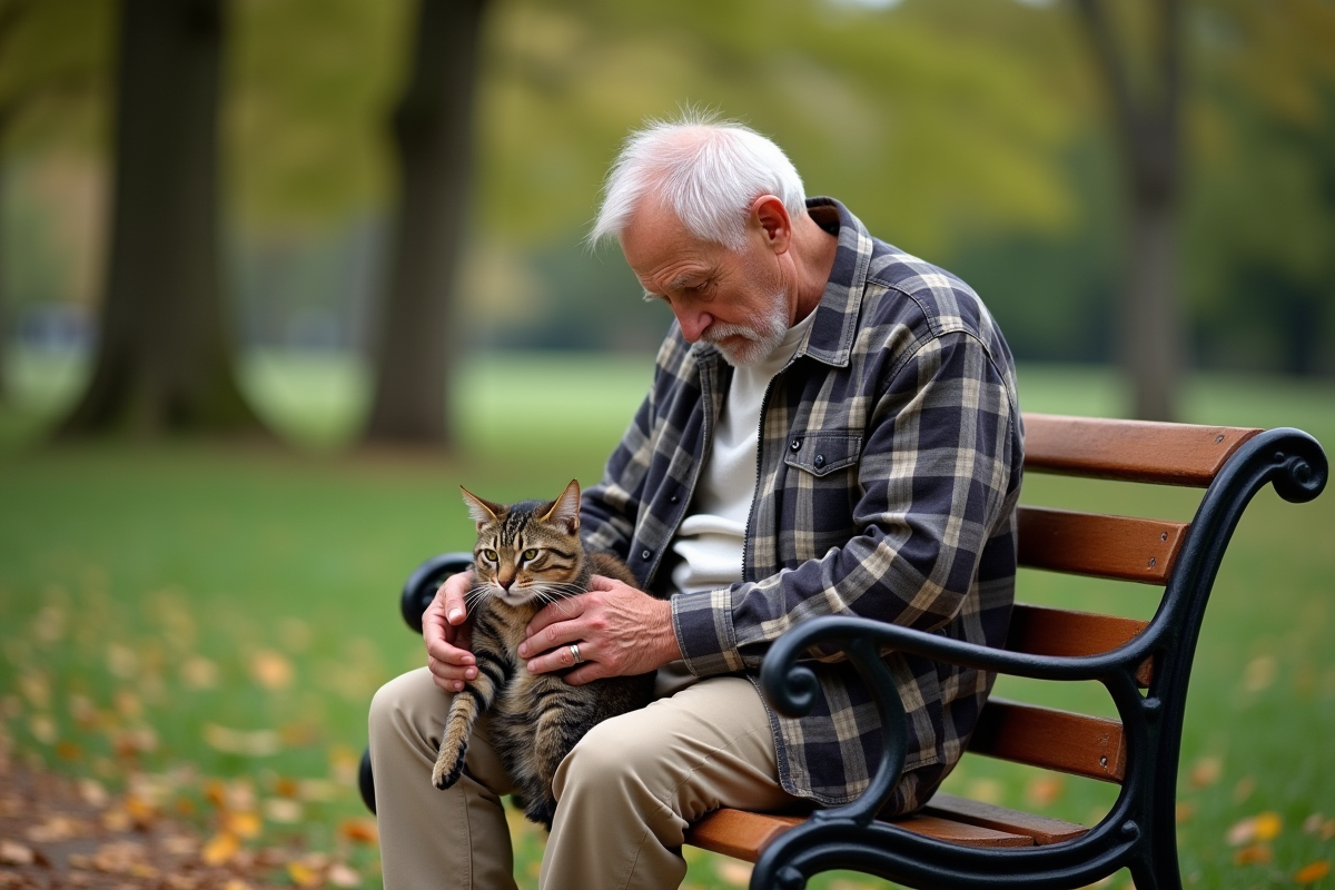 Homme âgé caressant un chat sur un banc dans un parc