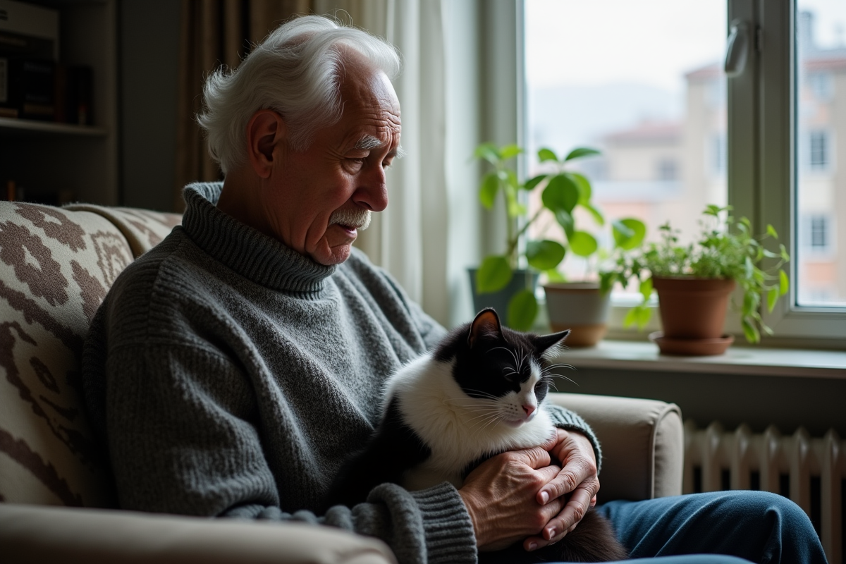 Homme âgé tenant un chat noir et blanc près d une fenêtre