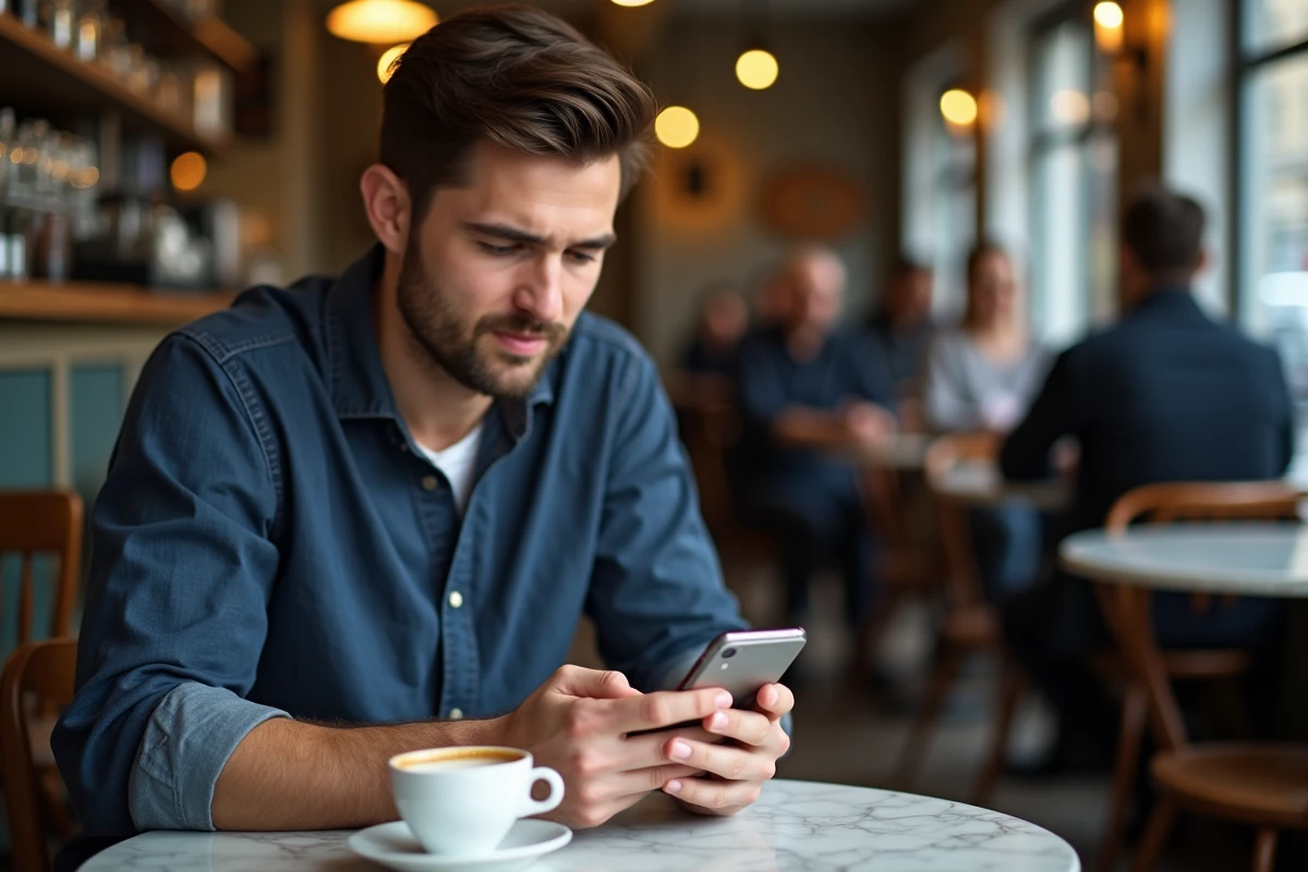 Homme surpris consultant un quiz animal totem sur son smartphone dans un café parisien