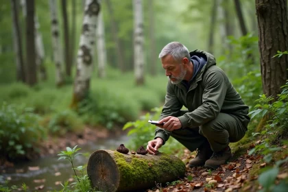 Homme en randonnée examinant des déjections animales en forêt