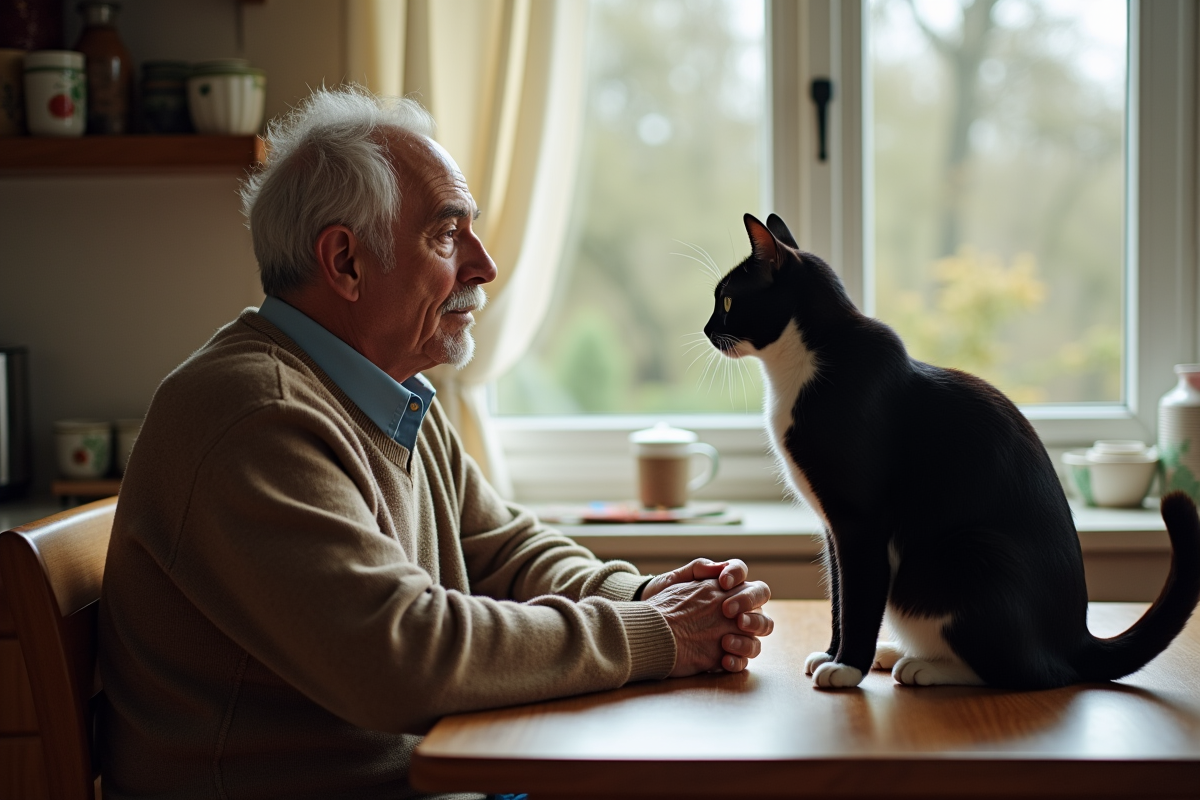 Homme âgé regardant son chat près de la fenêtre