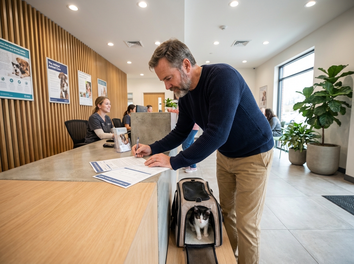 Homme signant une assurance pour son chat à la clinique vétérinaire
