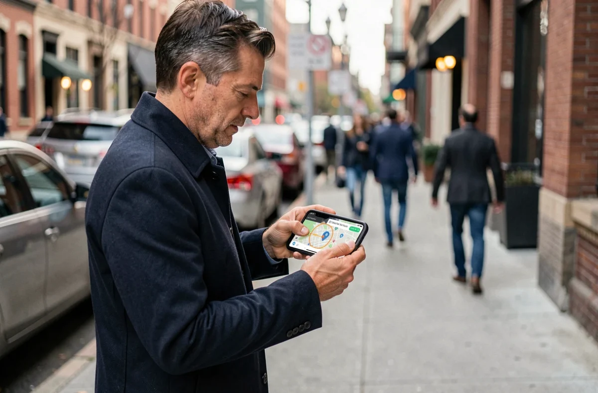 Homme consultant une application de suivi GPS avec alertes de zone sur son smartphone en milieu urbain