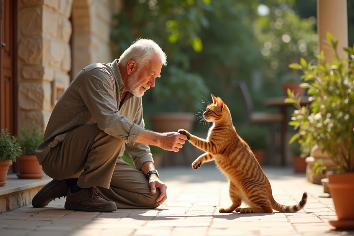 Homme âgé avec un chat abyssinien sur la veranda en extérieur
