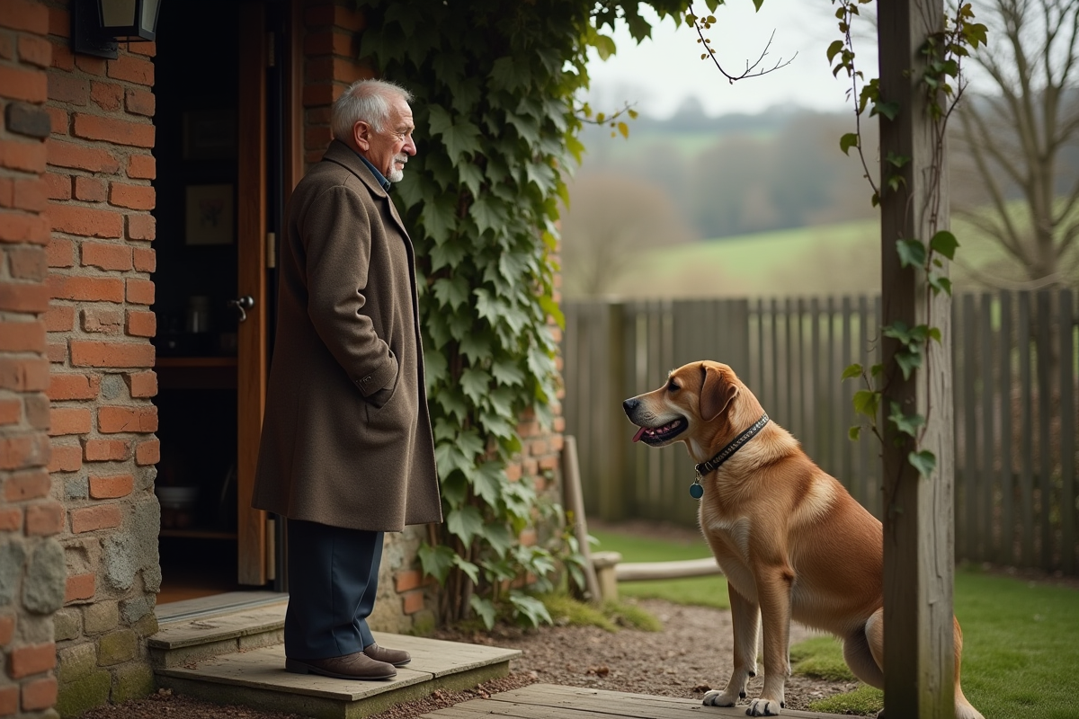 Homme âgé avec chien devant sa maison rurale