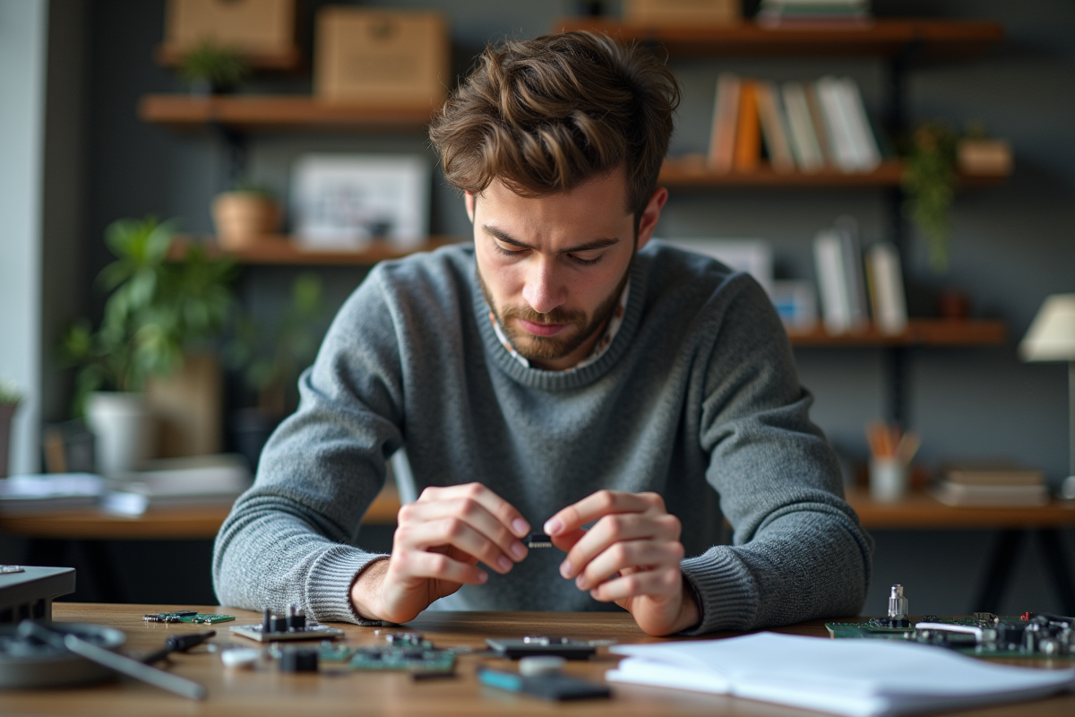 Jeune ingénieur électronique examinant un microchip avec concentration