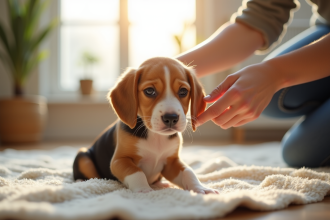 Jeune chiot beagle jouant dans un salon lumineux