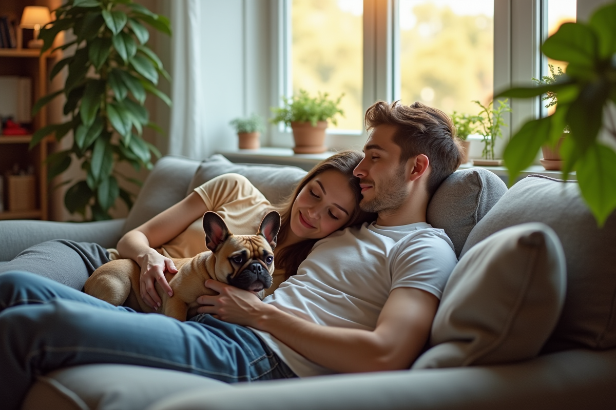 Jeune couple dans un appartement avec un bulldog français au soleil