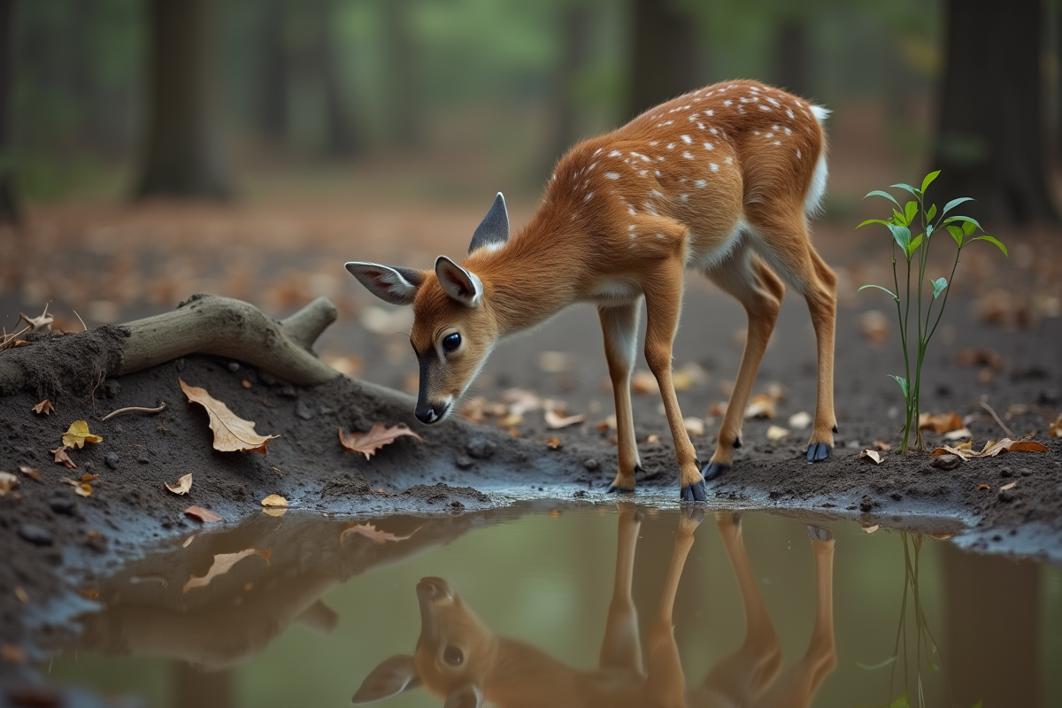 Jeune cerf au bord d’un étang asséché dans la forêt