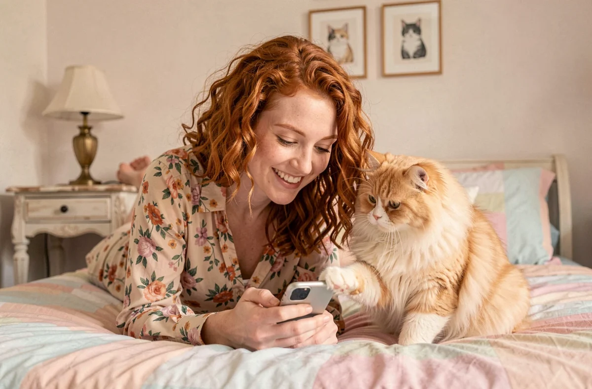 Jeune femme allongée sur son lit avec un chat persan, consultant une application ou un site pour amateurs de chats sur son smartphone