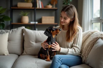 Jeune femme avec chien dachshund en appartement cosy