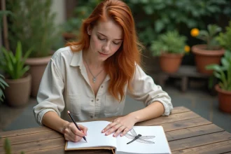 Jeune femme concentrée dessinant un libellule dans un jardin
