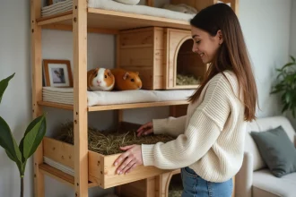 Jeune femme arrangeant un enclos pour rongeurs dans le salon