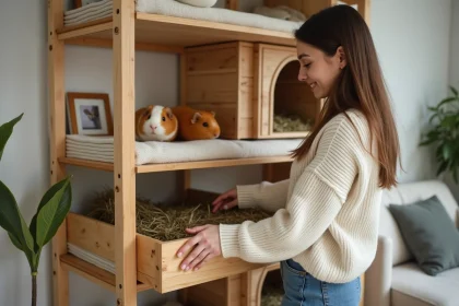 Jeune femme arrangeant un enclos pour rongeurs dans le salon