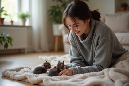 Jeune femme observe des chatons nouveau-nés dans un salon chaleureux