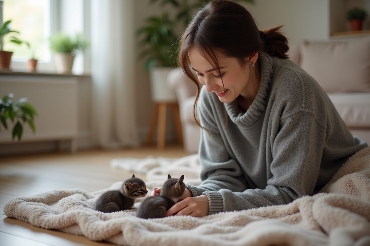 Jeune femme observe des chatons nouveau-nés dans un salon chaleureux