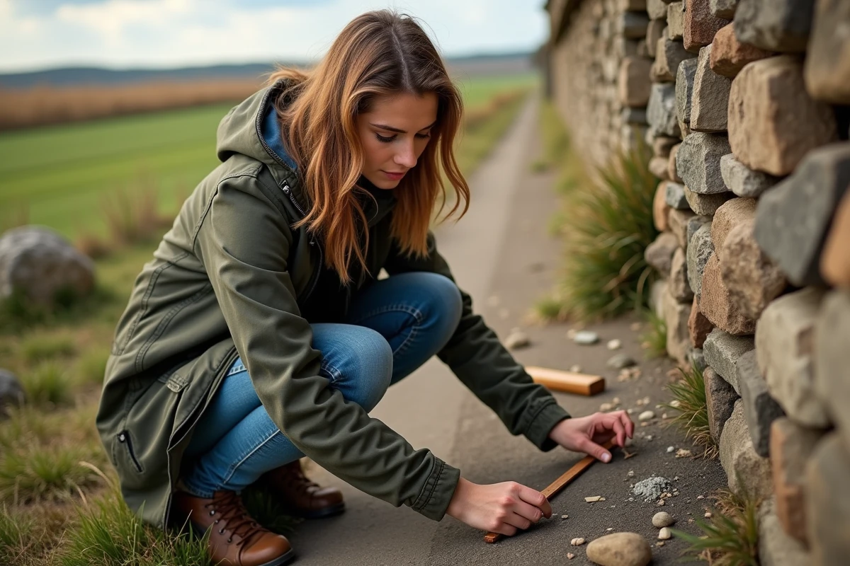 Jeune femme mesurant une déjection de martre dans la campagne