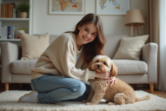 Jeune fille souriante caressant un petit chien dans un salon