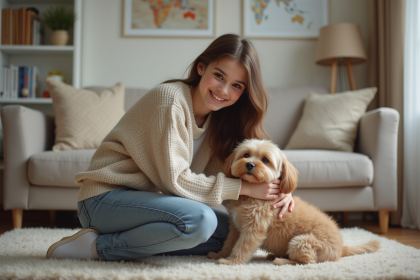 Jeune fille souriante caressant un petit chien dans un salon