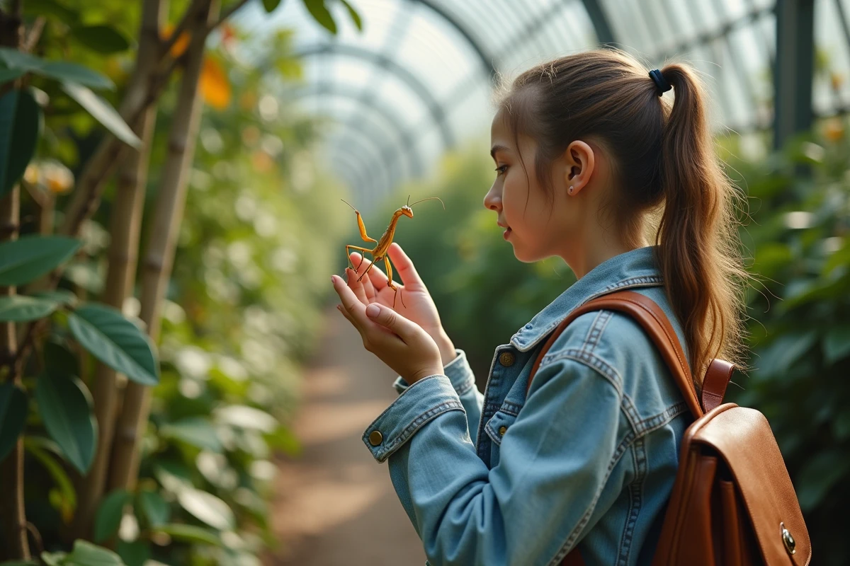 Jeune fille photographiant une mante dorée dans un jardin botanique