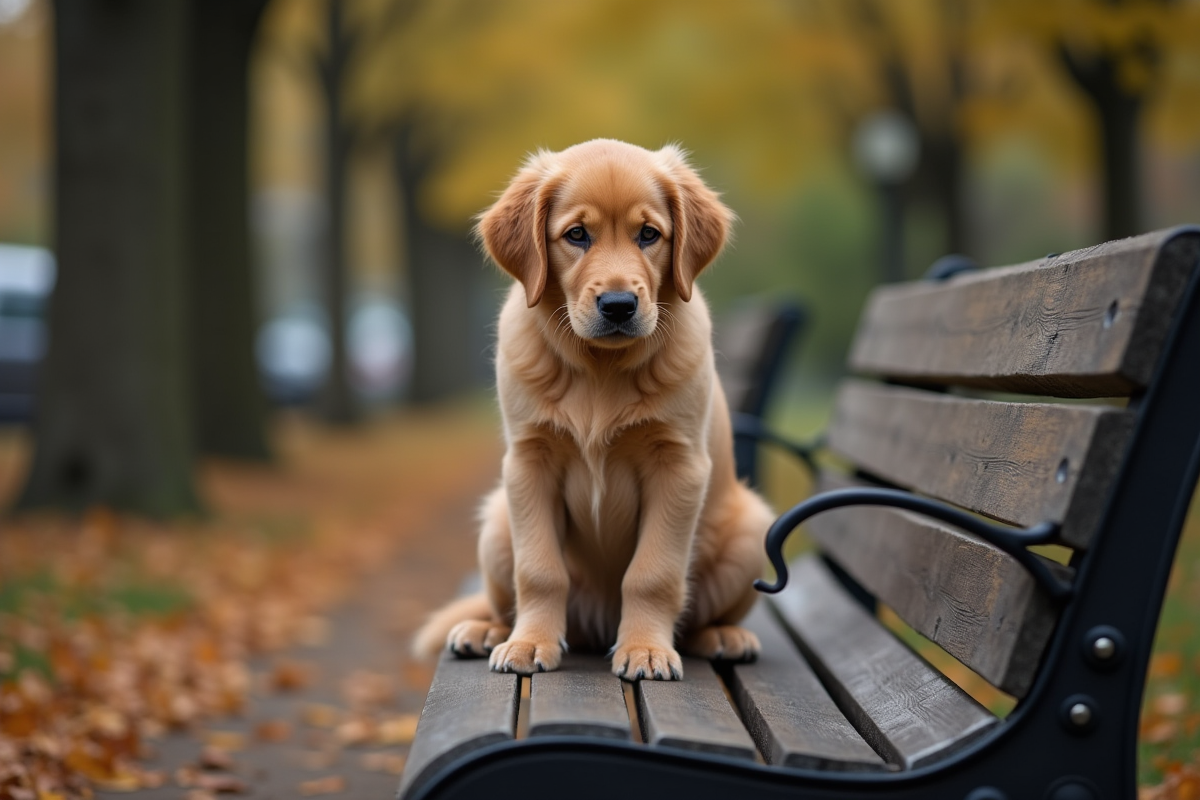 Jeune retriever assis seul sur un banc dans un parc