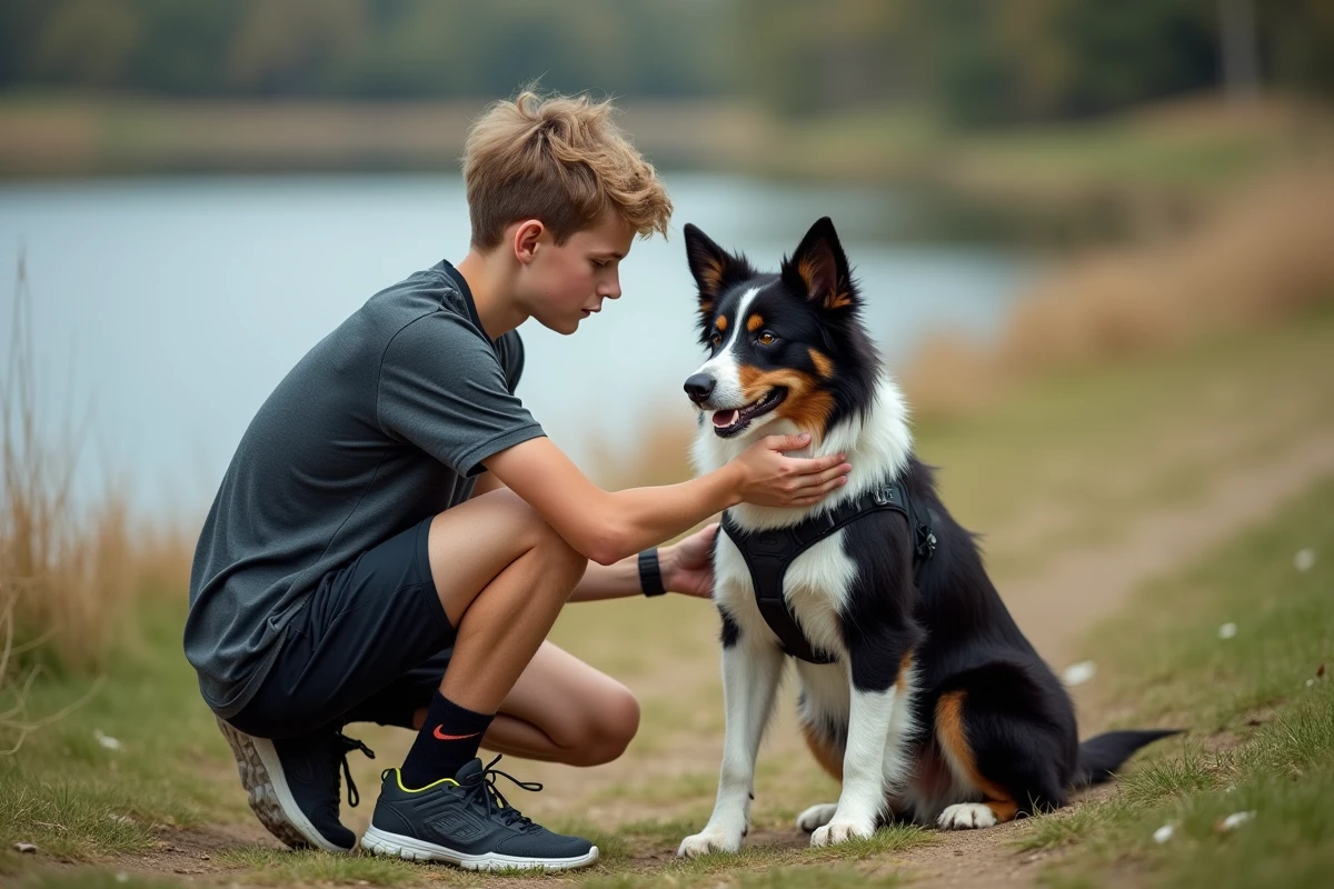 Adolescent ajustant harnais canicross avec chien au parc