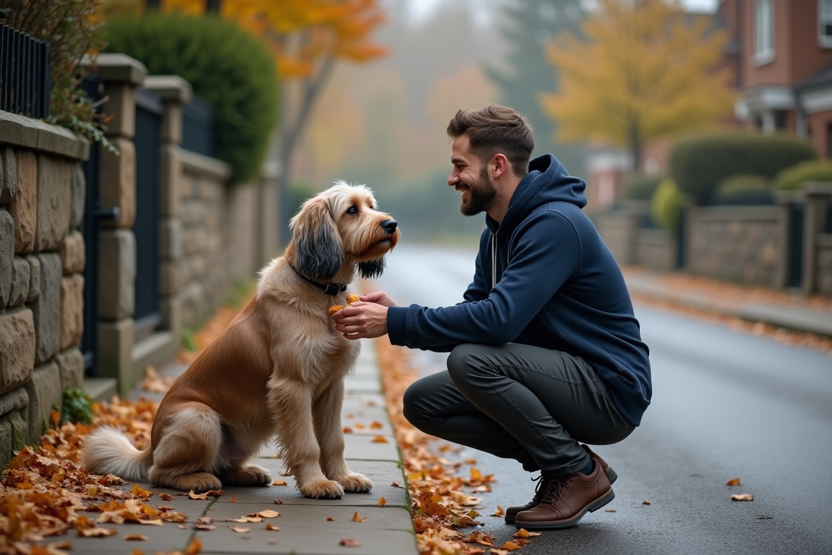 Jeune homme offrant une friandise à un Afghan Hound sur la rue