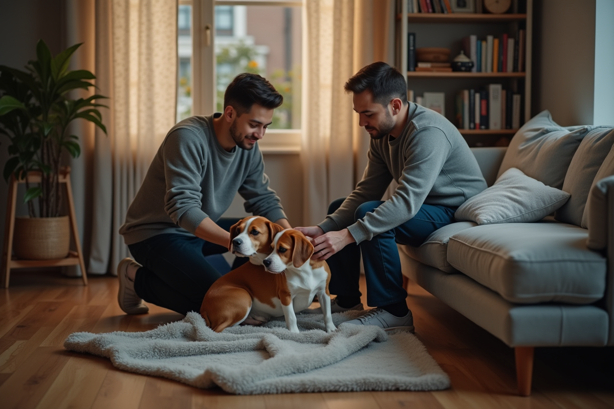 Jeune homme guide son beagle sur un canapé confortable