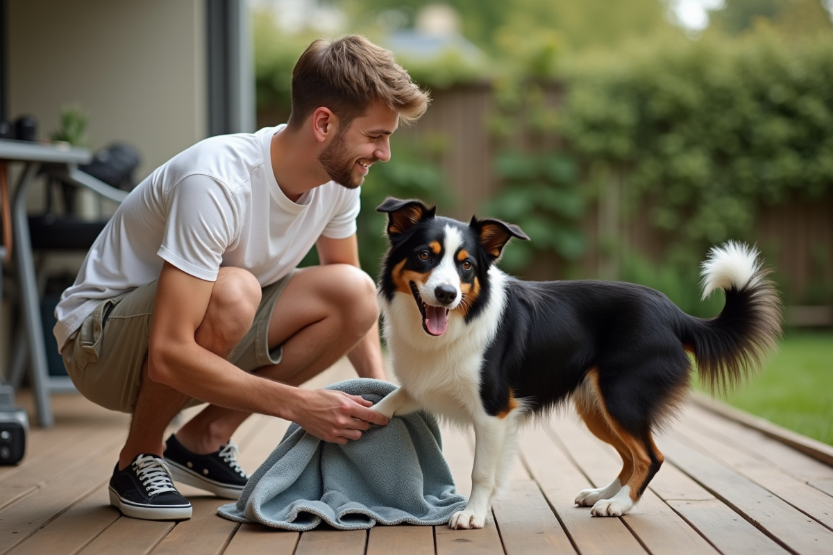 Jeune homme avec un border collie sur la terrasse